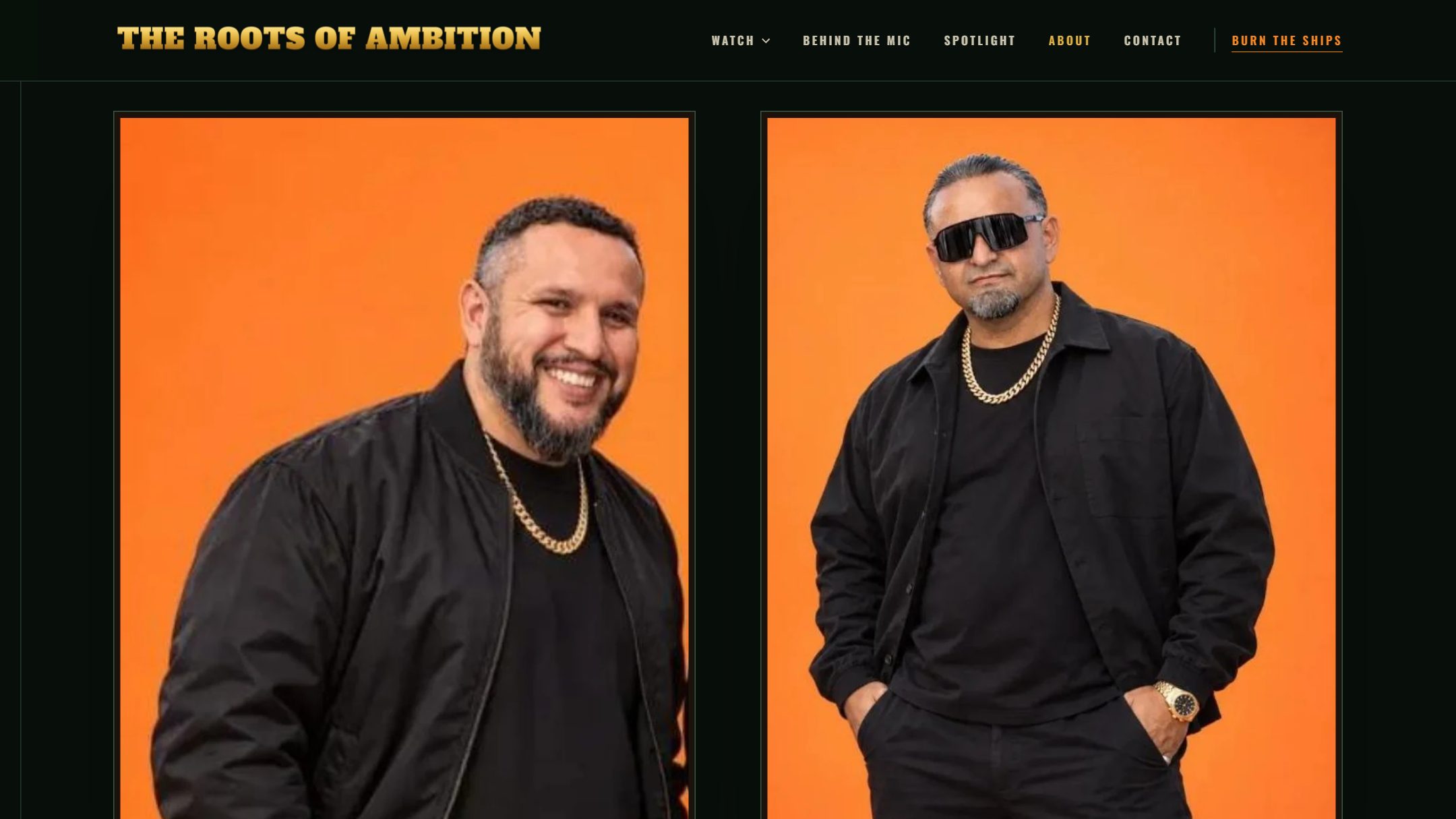 About page with orange-backdrop photos of Angel and Danny