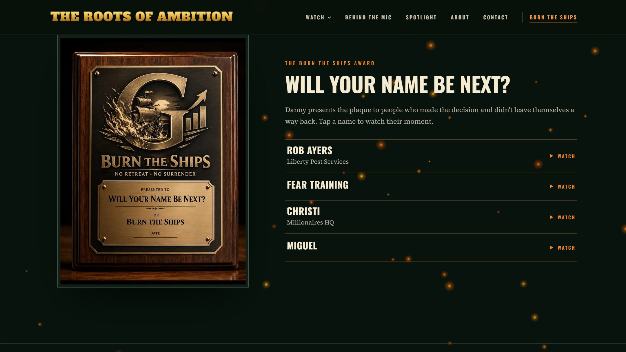 Burn the Ships Award section with the plaque photo and recipient names