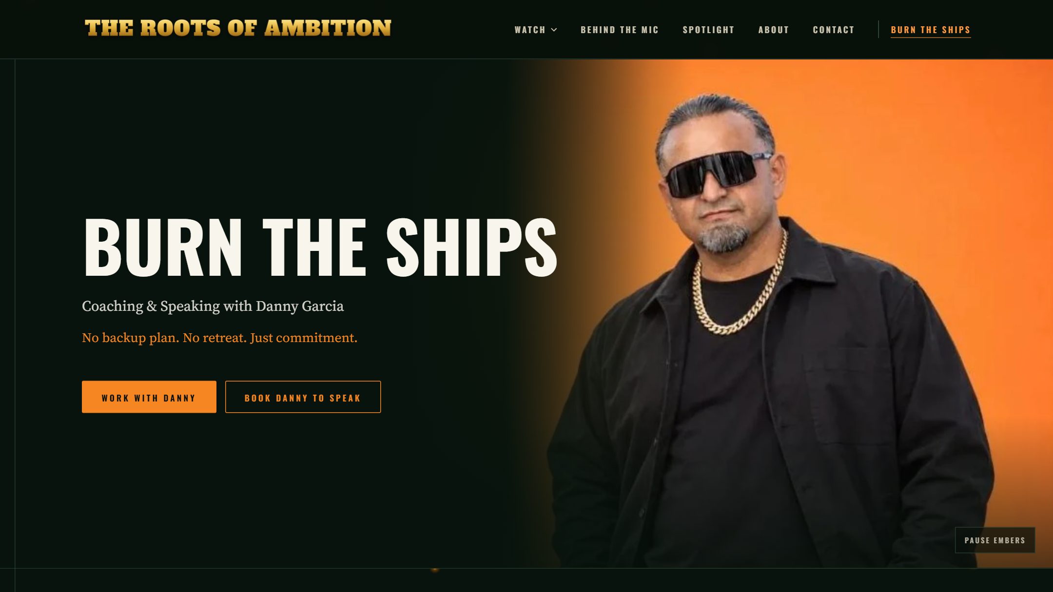 Burn the Ships hero with a sharp orange-backdrop photo of Danny