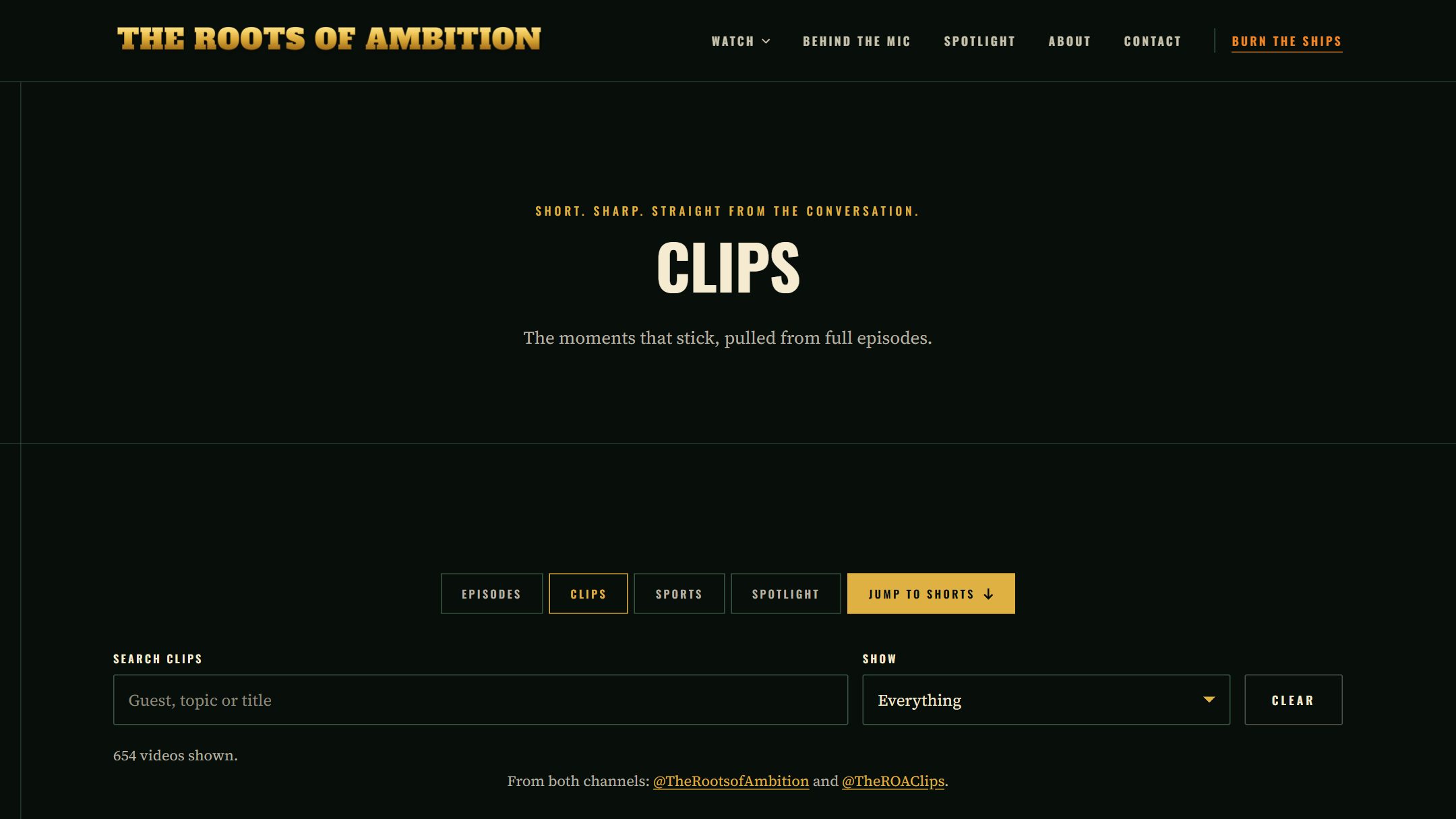 Clips page with the Jump to Shorts button beside the tabs