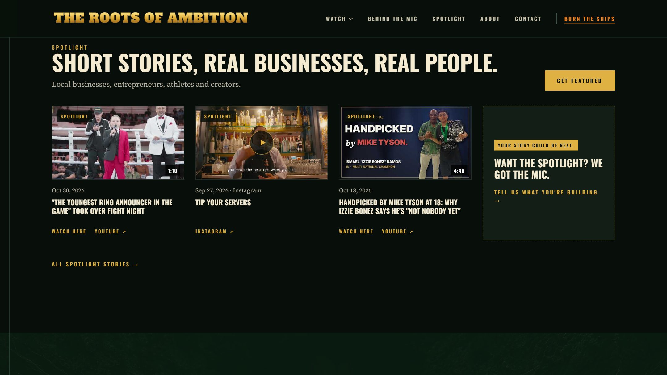 Homepage Spotlight row with the Your Story Could Be Next tile